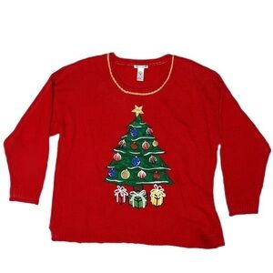 3X Christmas Tree Embroidered Red Knit Holiday Sweater Reference Point *READ